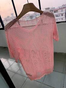 BuyK Áo len nữ móc len cổ chữ V tay ngắn, chất liệu lưới xuyên thấu, kiểu dáng rộng rãi, phong cách bohemian, màu hồng, thích hợp cho khách dự đám cưới, cô dâu, mẹ, đi nghỉ mát, du lịch biển, tuần trăng mật trên đảo. - Hồng - Xem 4