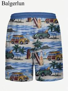 Short d'été pour hommes, maillots de bain hawaïens monocouches sans doublure, shorts de plage décontractés à taille élastique et cordon de serrage avec imprimé 3D vintage numérique de cocotiers pour les vacances et l'extérieur - Multicolore - Voir 3