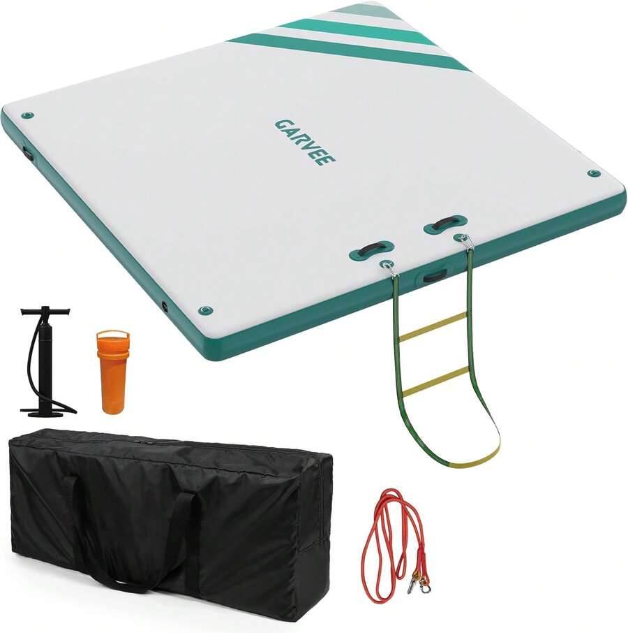 Plataforma de muelle flotante antideslizante inflable de resistencia pesada para deportes acuáticos - balsa de natación ultra estable con escalera de cuerda y anclas, alfombra de agua portátil de PVC para piscina, lago, playa, barco - 5,9 x 4,9 pies - Ver 1