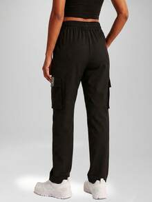 CZRLHYT 女士徒步工装裤 旅行露营工作裤 翻盖口袋女士工装裤 阔腿休闲裤 四口袋长裤 - 黑色 - 查看 4