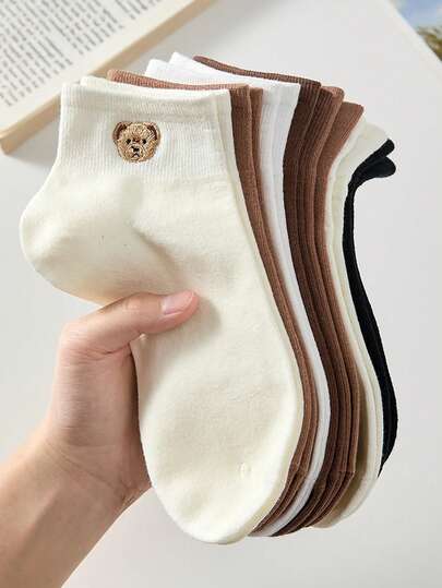 5 đôi tất ngắn nữ, tất thuyền họa tiết gấu bông màu nâu, phù hợp cho mọi mùa, màu ngẫu nhiên.