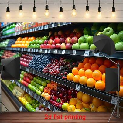 Phông nền phẳng 2D - Một tấm phông nền phẳng 2D với chủ đề trái cây và rau củ tươi, hoàn hảo cho chụp ảnh. Phông nền trưng bày thực phẩm rực rỡ sắc màu này là lựa chọn lý tưởng cho các sự kiện và hoạt động chụp ảnh, và không cần điện.