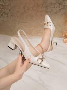 Giày cao gót mũi nhọn hở gót dành cho nữ, dây xích kim loại, gót dày, thêu, giày cao gót bít mũi, sandal hở mũi. - Màu be - Xem 6