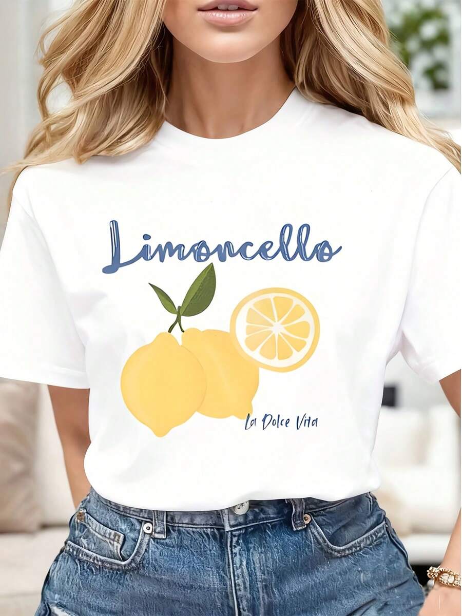 Limoncello Lemon Print And Text Women Casual T Shirt Soft Comfortable Gift For Summer Holiday Party - White - View 1
