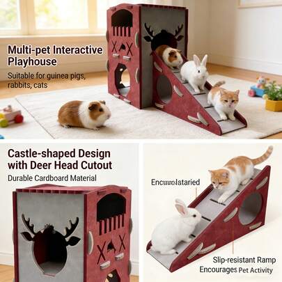 1个鹿形双层小型宠物躲藏屋，适用于仓鼠、豚鼠、兔子，四季皆宜，可拆卸，便携，耐用