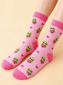 1 Pair Of Fun And Novel Socks, Cartoon Jacquard, Pink Cool Alien Hearts, Mid-Calf Socks, Spring And Summer, Sweet And Cool Girl Style, Personalized Daily Wear, Fun Gift Socks - Pink - View 4