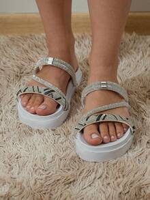 Women's Birken-Style Flat Sandal With Rhinestones, Delicate, Blogger-Friendly, Comfortable. - Branco 3 - View 2