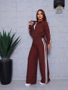 Women's Luxury Set, Marrant Fabric, Wide-Leg Pants And Blouse, Versatile, Modern, Casual, Elegant, Conservative/Modest, Evening, Office, Airport Wear - 鏽棕色 - 查看 7