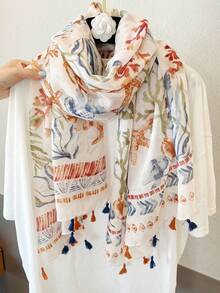 1pc Spring/Autumn Vibrant Ocean Themed Scarf, Women's Lightweight Long Shawl For Travel, Photo Shoot, Outerwear, Versatile Accessory, Sun Protection,Beach,Holiday - Beige - View 6