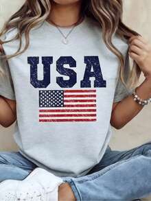 Women Loose 100% Cotton Graphic Tee, 250th American Independence Patriotic Print Top, Machine Washable Casual Outfit For 4th Of July Party Events - 灰色 - 查看 1