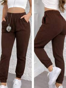 Women's Thick Jogger Sweatpants With High Waist - Rust Brown - View 1