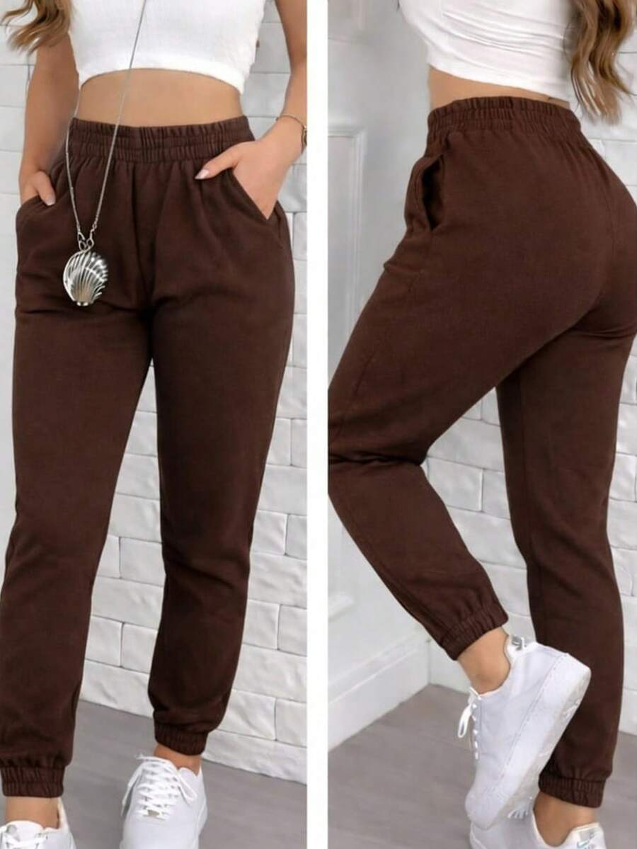 Women's Thick Jogger Sweatpants With High Waist - Rust Brown - View 1
