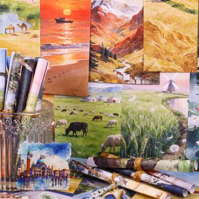 36pcs/Pack European Landscape Theme Stickers, Creative Aesthetic Sticker Decals, DIY Decoration Scrapbooking Craft Materials, Holiday Gift, Personalized Scrapbook School Supplies