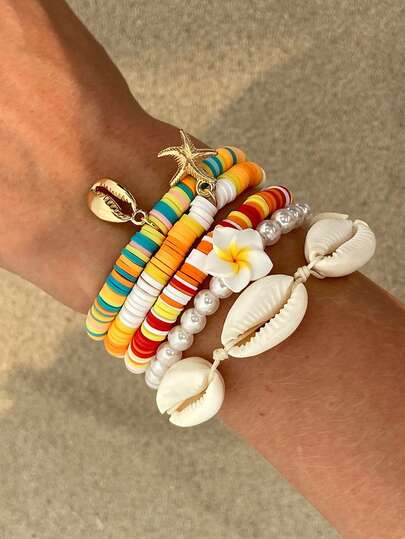 5 قطع/مجموعة من أساور الأسلوب البوهيمي متعددة الطبقات من اللؤلؤ الاصطناعي، أساور نجمة البحر والبتلات الإبداعية للنساء، مجوهرات شاطئ الصيف