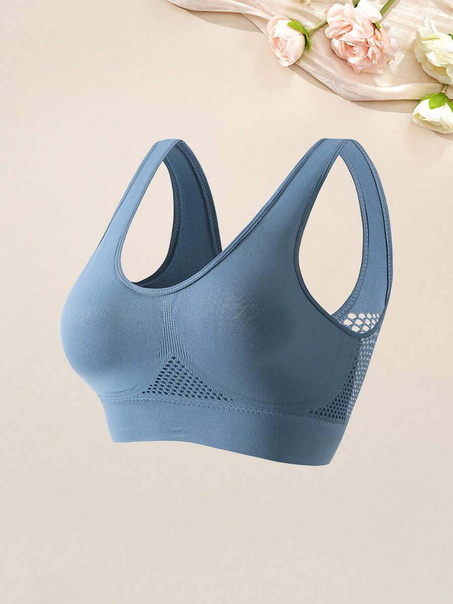 1pc Women's Wireless Compression Sports Bra, Racerback Style Workout Yoga Running Bra, Full Coverage - Dusty Blue - View 1