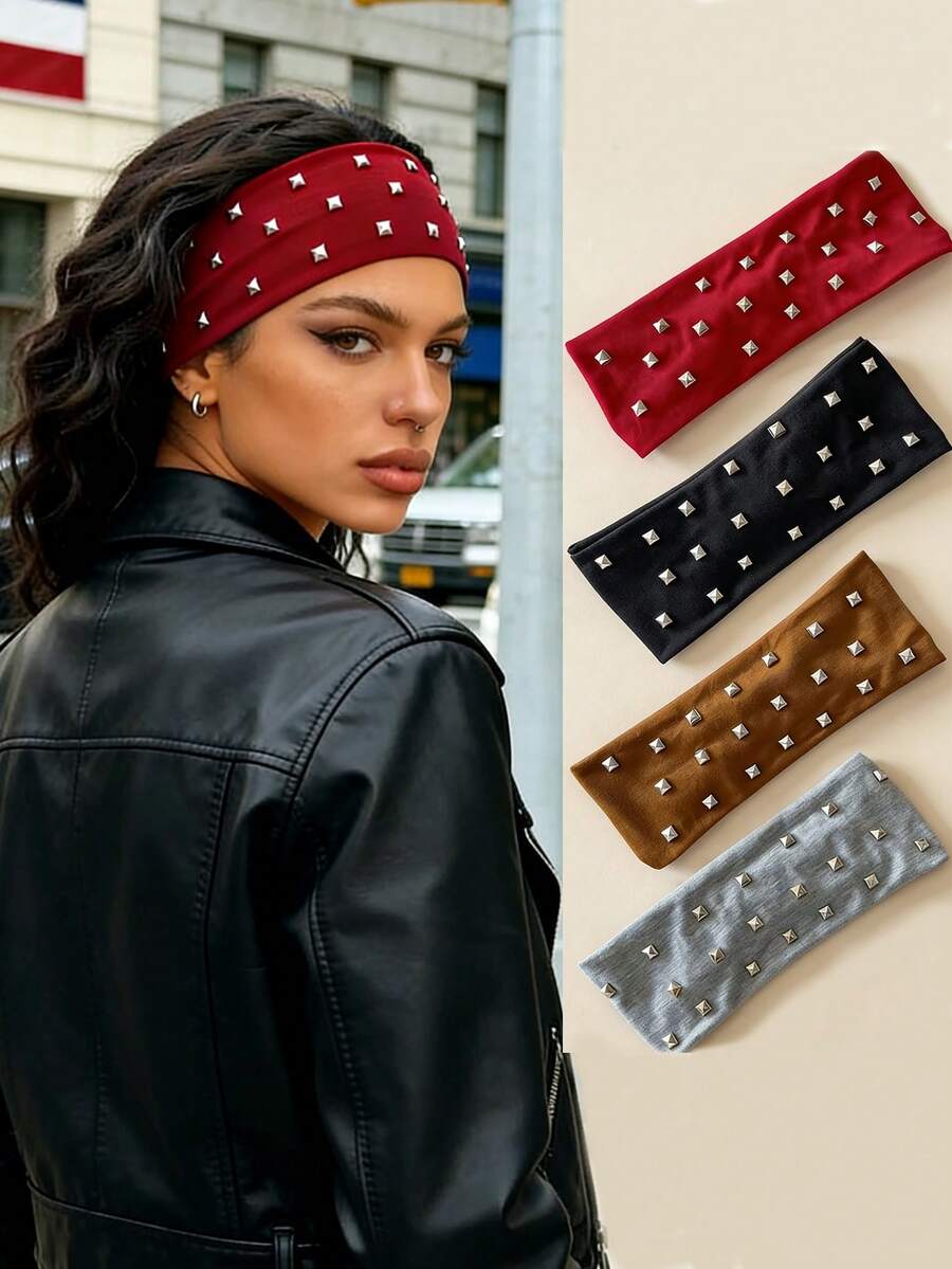 1pc Y2K Style Women's Headband, Punk Rivet Headband, Wide Elastic Headband, Punk Street Style Headband, Daily Wear & Commute Essential Hair Accessory - Multicolor - View 1