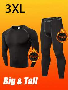 Men's Plus Size Fleece Lined Thermal Underwear, 2-Piece Compression Base Layer Set, Long Sleeve Top & Pants, Warm Loungewear For Running, Yoga, Basketball & Winter Activities - Dark Gray - View 9