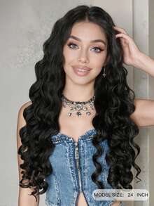 24-Inch Lace Front Curly Wavy Wig, Black Loose Curly Roman Curl Elastic Wig, Heat Resistant Synthetic Fiber Wig Suitable For Daily Wear - Black - View 2