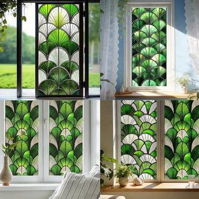 1/6片装绿色几何扇形图案彩色玻璃窗膜，银杏叶形状隐私膜静电吸附贴纸，无需胶水，适用于浴室、客厅、卧室、家居装饰