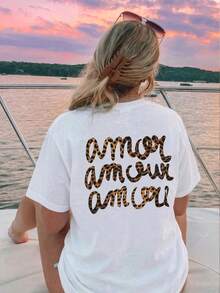 Y2K Style Summer Leopard Print Round Neck Loose T-Shirt, Comfortable Casual Vacation Beach Wear For Women White - White - View 5