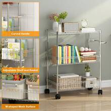 Carrito de organizador de cocina de utilidad rodante de 3 niveles con estantes de alambre y manija ajustables, carro de almacenamiento de metal - ruedas bloqueables de 360 ° para restaurante, hogar, oficina - Plateado - Ver 3