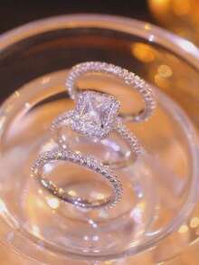 3 pièces Ensemble de bagues carrées en zircone cubique élégantes et glamour pour femmes, convient pour la décoration quotidienne, cadeau parfait pour elle pour la remise des diplômes/la rentrée, la Saint-Valentin, la Fête des Mères - Argent - Voir 9