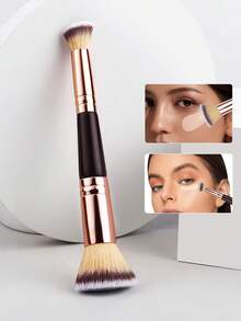 SEPROFE 1pc Dual-Ended Makeup Brush, Versatile 2-In-1 Foundation And Concealer Brush, Ultra-Soft Fibers Contour Face, Suitable For Foundation And Concealer, Premium Quality Wooden Handle - Brown - View 1