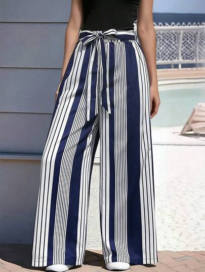 Spring/Summer New Arrival Casual Vacation Navy & White Striped Wide Leg Pants, High Waist Tie Bow Design, Draping Relaxed Fit Loose Long Trousers, Women's Beach & Vacation Outfit