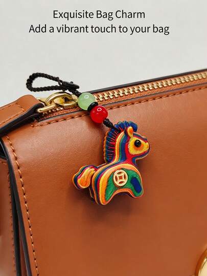 Handmade Wooden Rainbow Lucky Horse Pendant, Holiday Hanging Decor, Festival Sculpture Ornament, Cute Bag/Phone/Key Chain Accessory, Ideal Gift, Random Variation In Painted Texture Bag Charm Accessories Charms For Bag Teacher Gifts