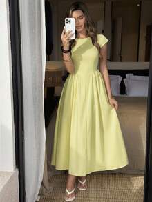 PoPoHouse Elegant Maxi Dress Sexy Backless Cap Sleeve Pleated Dress Summer Elegant Casual Vacation Wedding Guest Outfit Yellow Dress For Women - Yellow - View 11