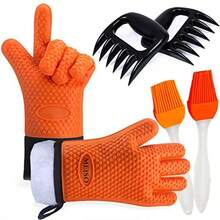 Guantes de Silicona Resistentes al Calor Manoplas para Barbacoa y Garras de Carne y Cepillo Manoplas de Horno Impermeables Antideslizantes con Protección de Antebrazo Extendida Capa Interna de Algodón para Barbacoa Cocinar Hornear - Naranja negro - Ver 7