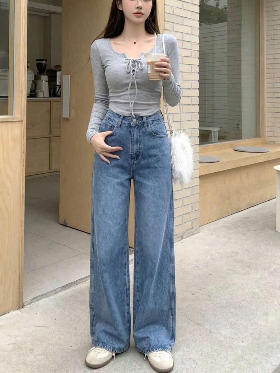 YEAE | Quần jeans ống rộng nữ có túi và cúc, kiểu dáng thường ngày, đa năng, thích hợp mặc trong mùa xuân. - Rửa nhẹ - Xem 1