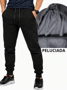 Men's Fleece Sweatpants With Cotton Lining, Cuffs, Pockets, Elastic Waistband With Adjustable Drawstring. - màu đen - Xem 2