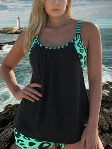 Plus Size Round Neck Backless Leopard Print Two-Piece Tankini Swimsuit Set For Women. - 彩色 - 查看 2