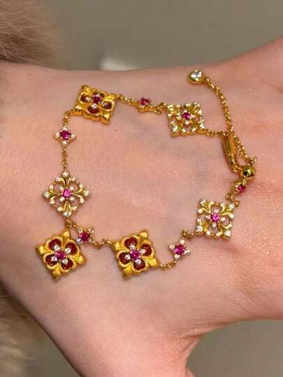 1 pieza Brazalete vintage de flor de iris de ágata hexagonal con rhinestones fucsia y corindón rojo, accesorio elegante para mujer en verano