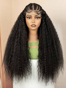 24英寸Yaki直发蕾丝前假发，女士 - 自然卷曲合成发际线，13x6蕾丝预拔毛，耐热纤维，适合日常佩戴 | Yaki直发 | 蕾丝前假发，合成蕾丝前假发 - 黑色 - 查看 14