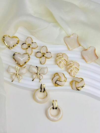 14-Piece Set (Random Assortment) Of 304 Stainless Steel Flower, Butterfly, And Heart-Shaped Etched Leaf Drop-Shaped Enamel Earrings; Hypoallergenic Studs; Women's Stainless Steel Earrings; Perfect As Birthday Or Valentine's Day Gifts; Suitable For Both Men And Women; Ideal For Everyday Wear