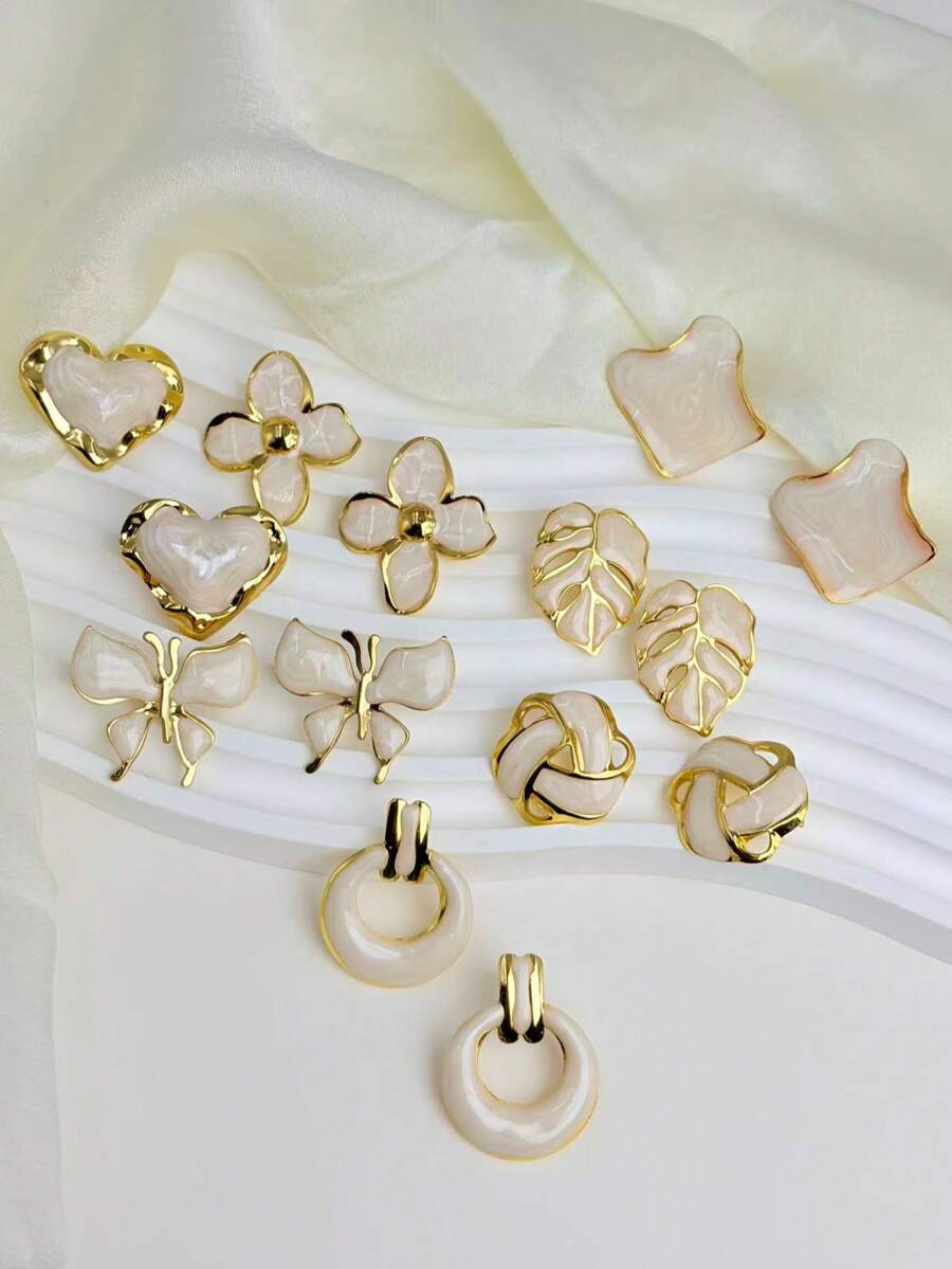 14pcs/Set 304 Gold-Plated Stainless Steel Flower, Butterfly And Heart-Shaped Leaf Pendant Enamel Earrings; Hypoallergenic Stud Earrings; Women's Earrings, Jewelry Set, Gift For Her - Multiple Styles - View 1