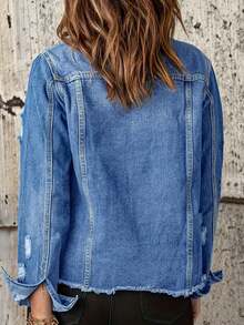 Y2K Women's Denim Jacket With Distressed Details, Blazer Style In Twill With Rips And Frayed Hem - Retro Fitted Style - Medium Wash - View 2
