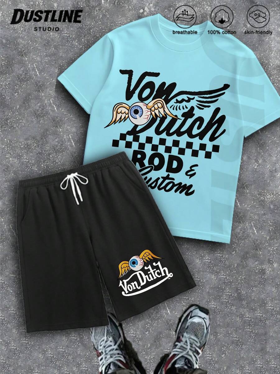 Mens Creative T Shirt And Shorts Set American Vintage Full Print Street Wear Essential T Shirt Set Men Graphic T Shirt And Shorts Set Vons Dutchs Logo And Text Print Breathable Cotton Casual Outfit For Daily Wear And Leisure Activities - Màu xanh nhạt - Xem 1