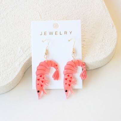 1 Pair Pink Shrimp Shaped Dangle Earrings, Cute Personalized Bright Color Versatile Accessory, Daily Wear & Holiday Gift