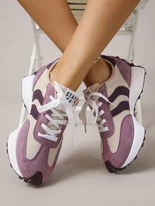 2026新款女士厚底运动鞋，四季系带厚底运动鞋，春夏透气拼接休闲鞋 - 紫色 - 查看 2