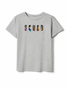 SHEIN X SCOOBY-DOO 可愛字母印花圓領短袖T恤，時尚休閒夏季款 - 花灰色 - 查看 3