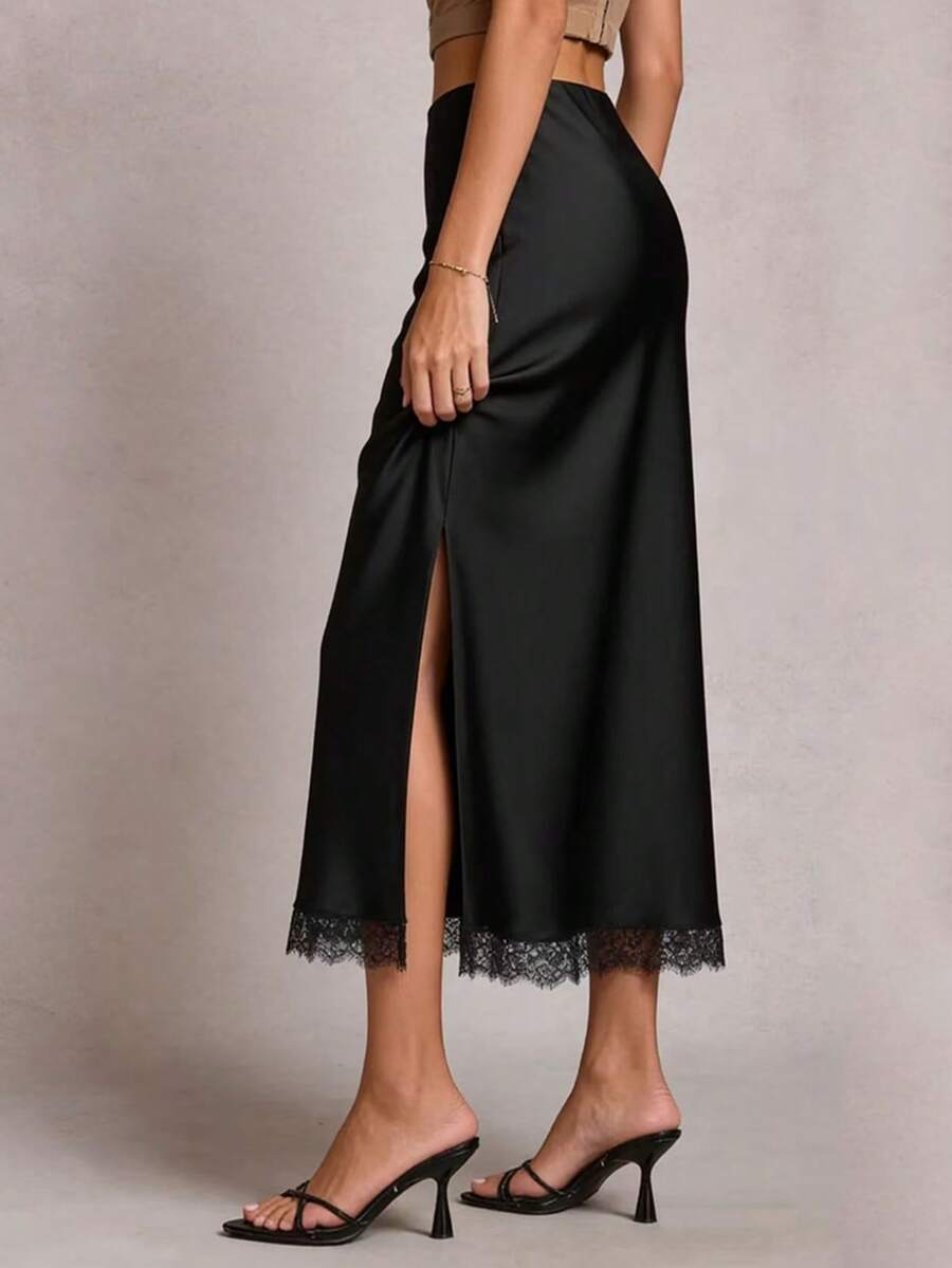 Falda elegante de satén negro con encaje y abertura alta, cintura alta que estiliza, conjunto sexy para cita nocturna de primavera - Negro - Ver 1