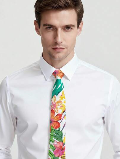 1 chiếc cà vạt in hoa, cà vạt skinny thiết kế unisex, cà vạt tự thắt kiểu Hawaii thời trang, thích hợp làm quà tặng đám cưới, tốt nghiệp, Ngày của Cha, chất liệu cotton in hoa giản dị.