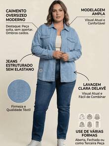 Women's Plus Size Denim Shirt With Long Sleeves And Pockets. A Versatile, Practical, Comfortable, High-Quality Shirt For Everyday Wear, Work, Or College. - 淺色水洗藍 - 查看 8