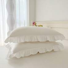 2pcs/Set Fresh Lotus Leaf Edged Solid Printed Flower Pillowcases, All Seasons Compatible, Comfortable And Breathable, Skin-Friendly And Soft; Machine Washable. Princess Style Solid Color Pillowcases (Pillow Not Included), Simple And Sweet, Skin-Friendly And Soft, Suitable For Student Dormitories, Bedrooms, Hotel Bedding. Magnolia, White - White - View 15