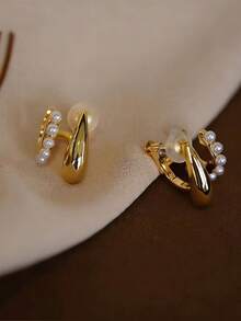 1对时尚新款仿珍珠半圆水滴铜质耳环，夹式耳环，优雅气质，适合日常佩戴 - 耳夾 - 查看 12