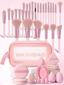 47件套化妆工具套装，包含：30支化妆刷套装+1个化妆刷清洁工具+3个三角粉扑+3个化妆海绵+1个化妆刷清洁工具+3个迷你化妆海绵+3个迷你气垫粉扑+3个圆形粉扑，一应俱全，新手友好 | 方便携带，送礼佳品 | 新手/女性的完美之选 - 彩色 - 查看 1
