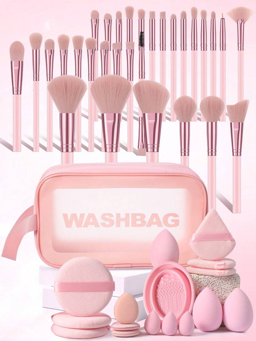 47件套化妆工具套装，包含：30支化妆刷套装+1个化妆刷清洁工具+3个三角粉扑+3个化妆海绵+1个化妆刷清洁工具+3个迷你化妆海绵+3个迷你气垫粉扑+3个圆形粉扑，一应俱全，新手友好 | 方便携带，送礼佳品 | 新手/女性的完美之选 - 彩色 - 查看 1